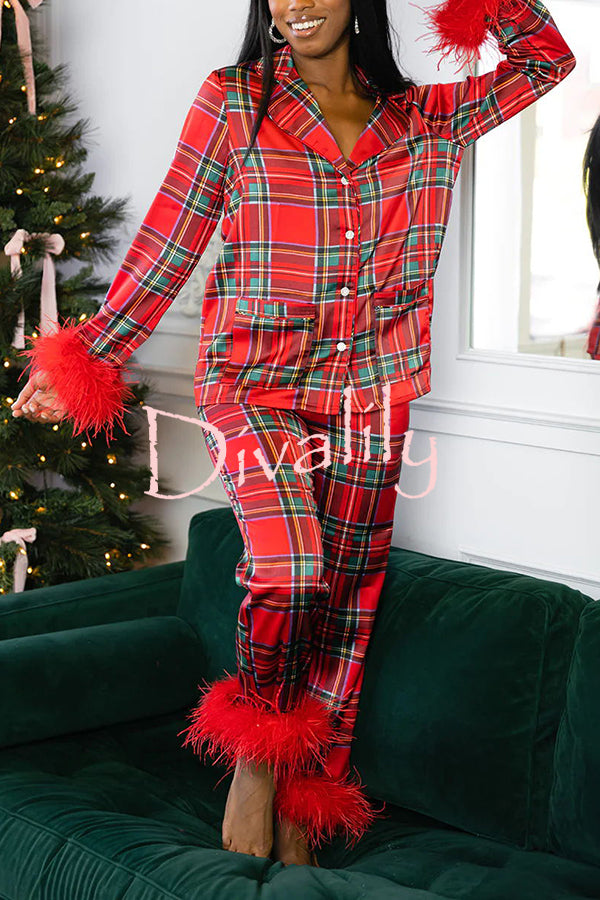 Christmas Besties Party Printed Feather Trim Elastic Waist Pocketed Pajama Set