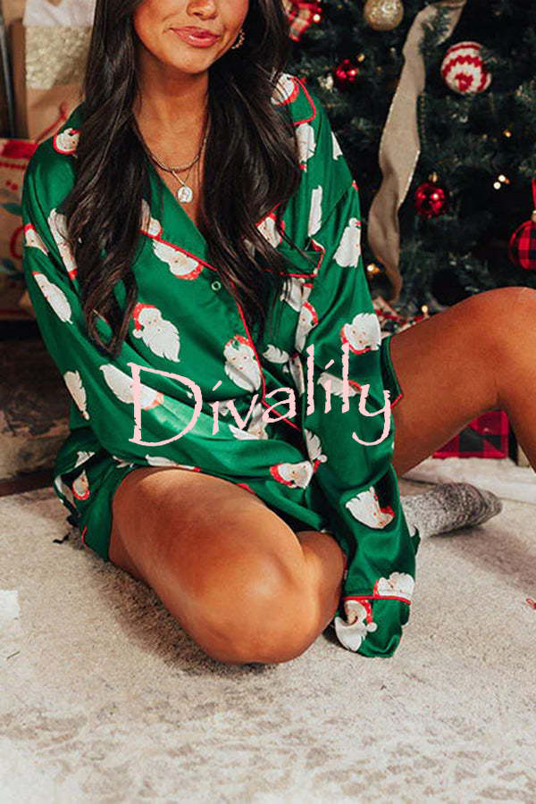 Dear Santa Satin Printed Elastic Waist Pocket Pajama Shorts Set